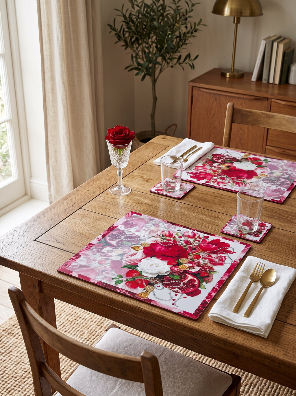 Ruby Blumenstrauß & Granatapfel Set aus 4 Platzsets + Untersetzern – Bild 1