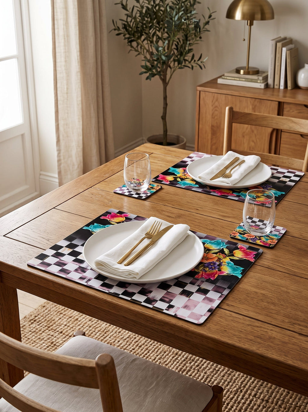 Dama Checkerboard Floral Set of 4 Placemats + Coasters – image 1