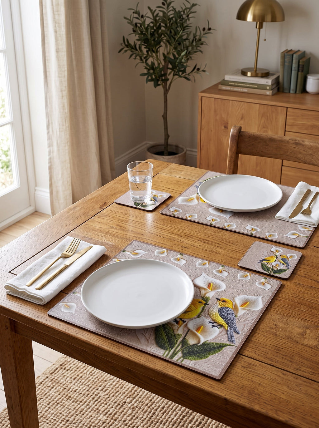 Lily Vogel & Blüten Set aus 4 Platzsets + Untersetzern – Bild 1