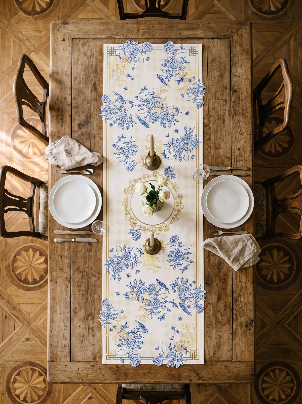 Royal Mavi Çiçek ve Kuş — Lamineli Cut Runner 45x138 cm, Leke Tutmaz — görsel 1