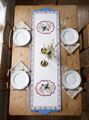 Mila Vogel & Blüten — Laminierter Cut-Läufer 45x138 cm, fleckabweisend