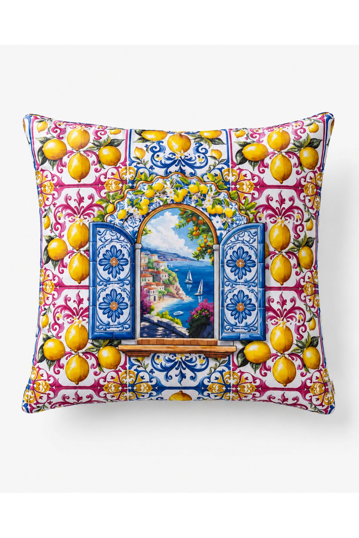 Amalfi Limon ve Pencere Desenli Dekoratif Kırlent Kılıfı 40x40 cm — görsel 2