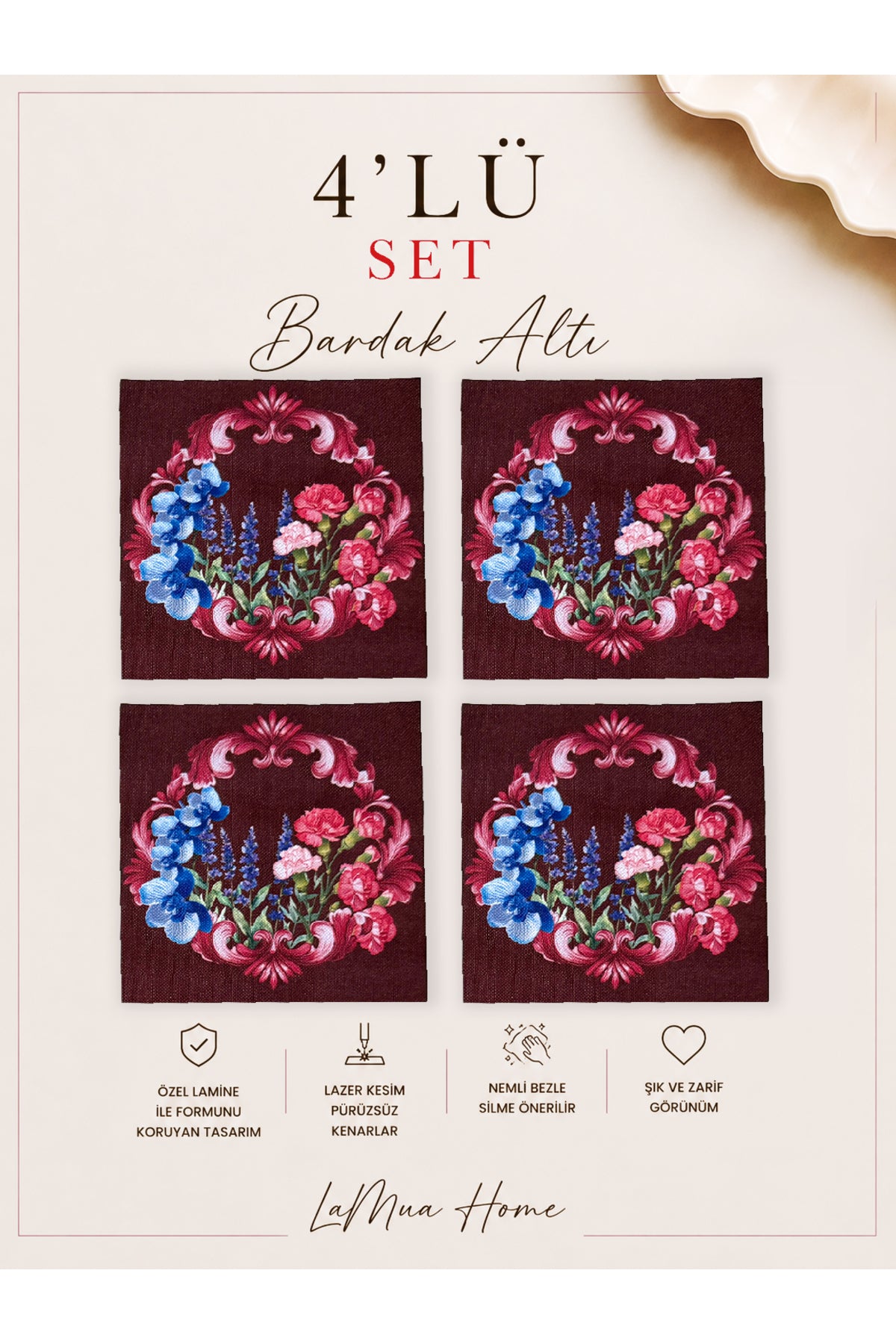Lavin Fiyonk ve Çiçek Desenli 4 Lü Bardak Altlığı Set 15 x 15 cm -Lazer Kesim
