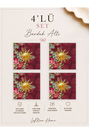 4'lü Bardak Altlığı Seti 15x15 cm, Lazer Kesim – Sole Güneş ve Çiçek Desenli