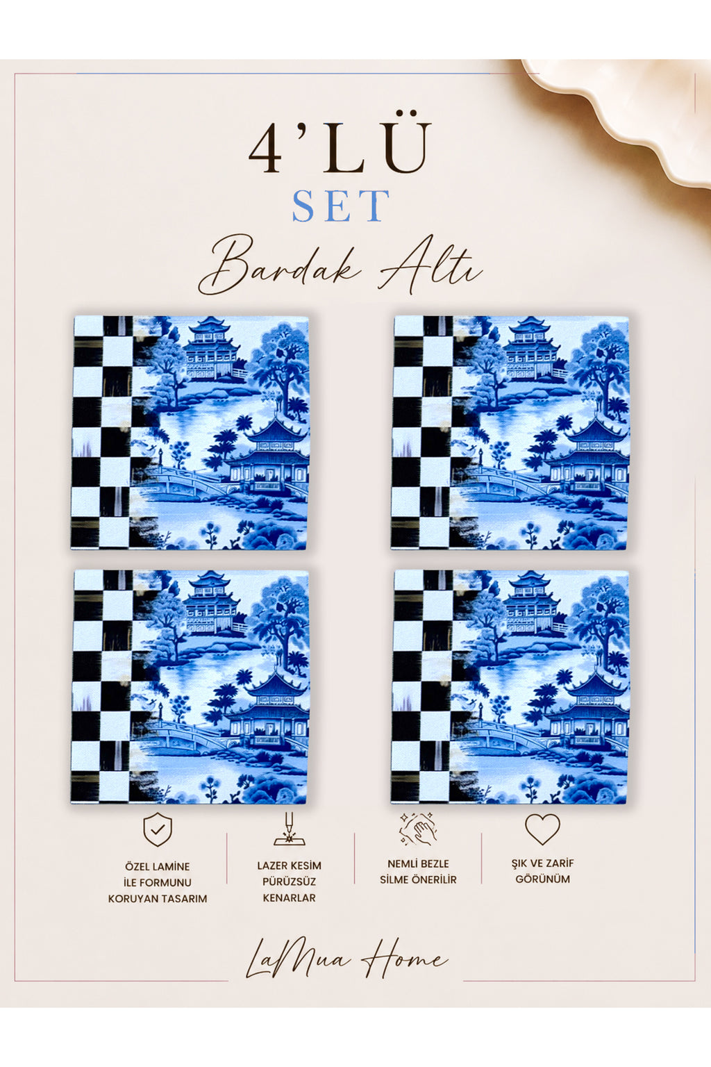 Aster Dama Desenli 4 Lü Bardak Altlığı Set 15 x 15 cm -Lazer Kesim