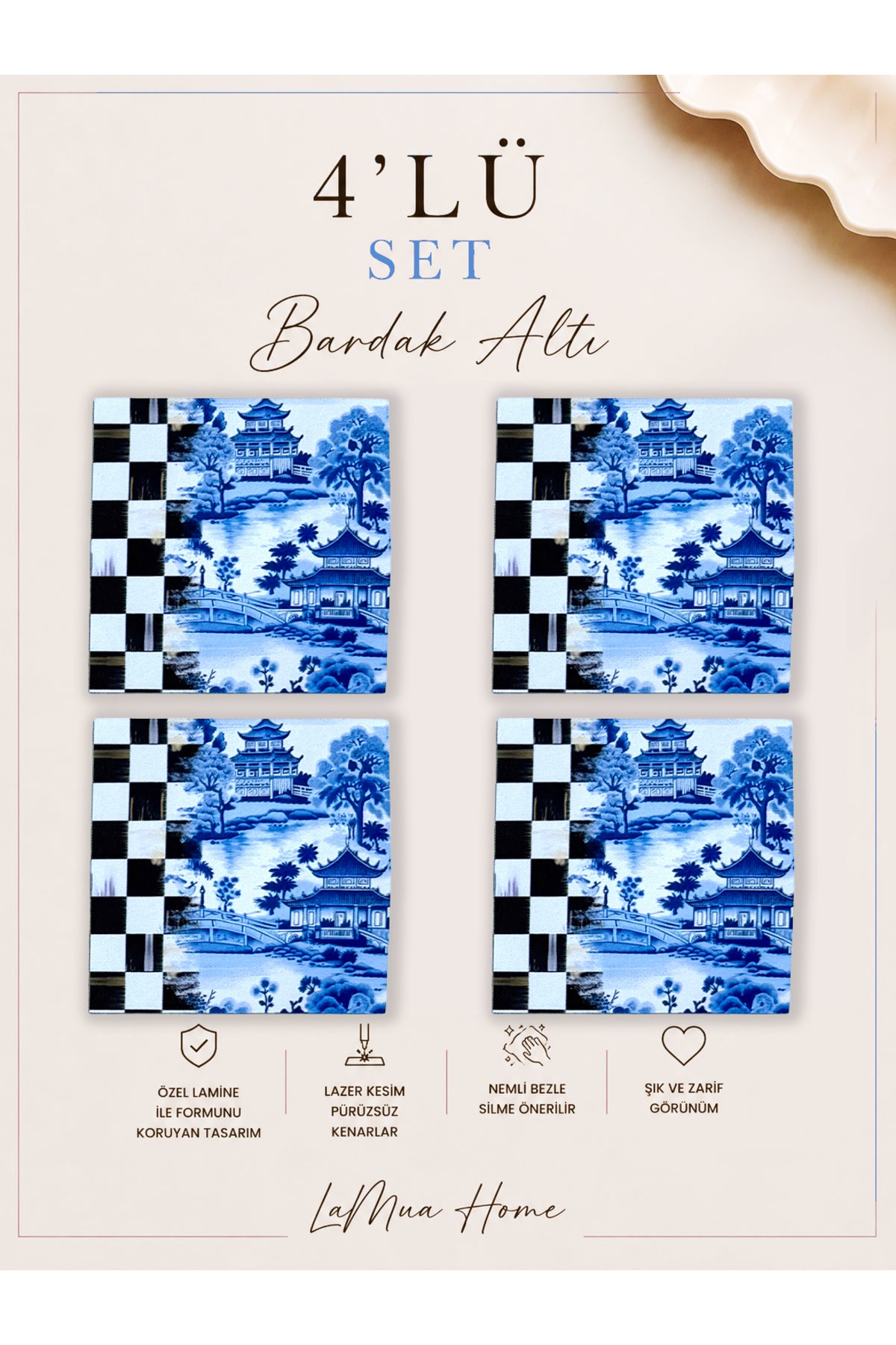 Aster Dama Desenli 4 Lü Bardak Altlığı Set 15 x 15 cm -Lazer Kesim