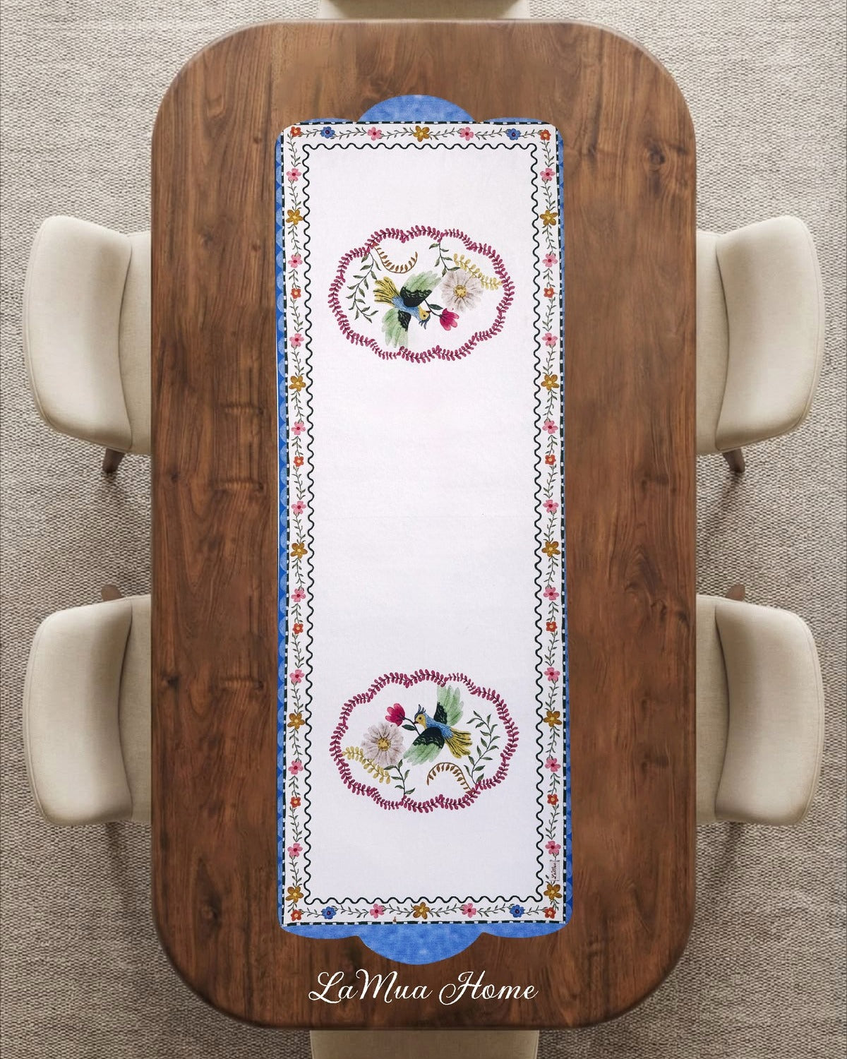 Mila Kuş ve Çiçek Desenli Lamineli Cut Runner -Lazer Kesim