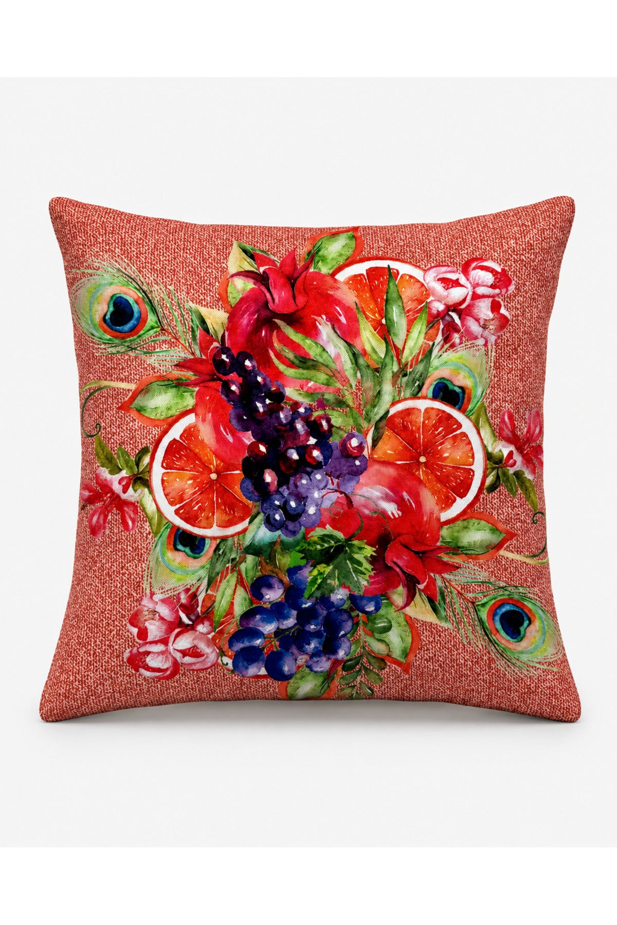 Rio Tavus Kuşu ve Meyve Desenli Dekoratif Kırlent Kılıfı 40x40 cm — görsel 2