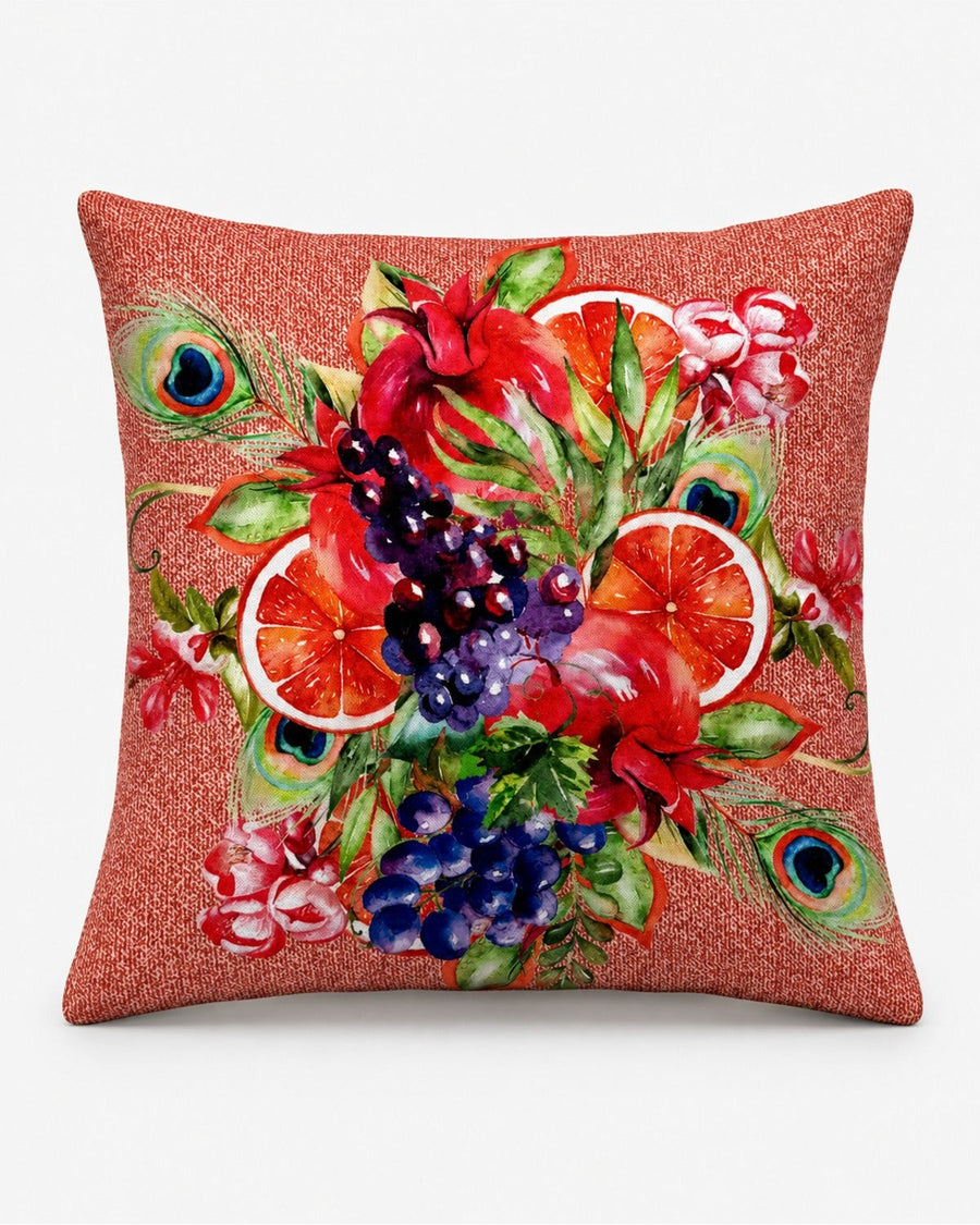 Rio Tavus Kuşu ve Meyve — Kırlent Kılıfı 40x40 cm, Fermuarlı