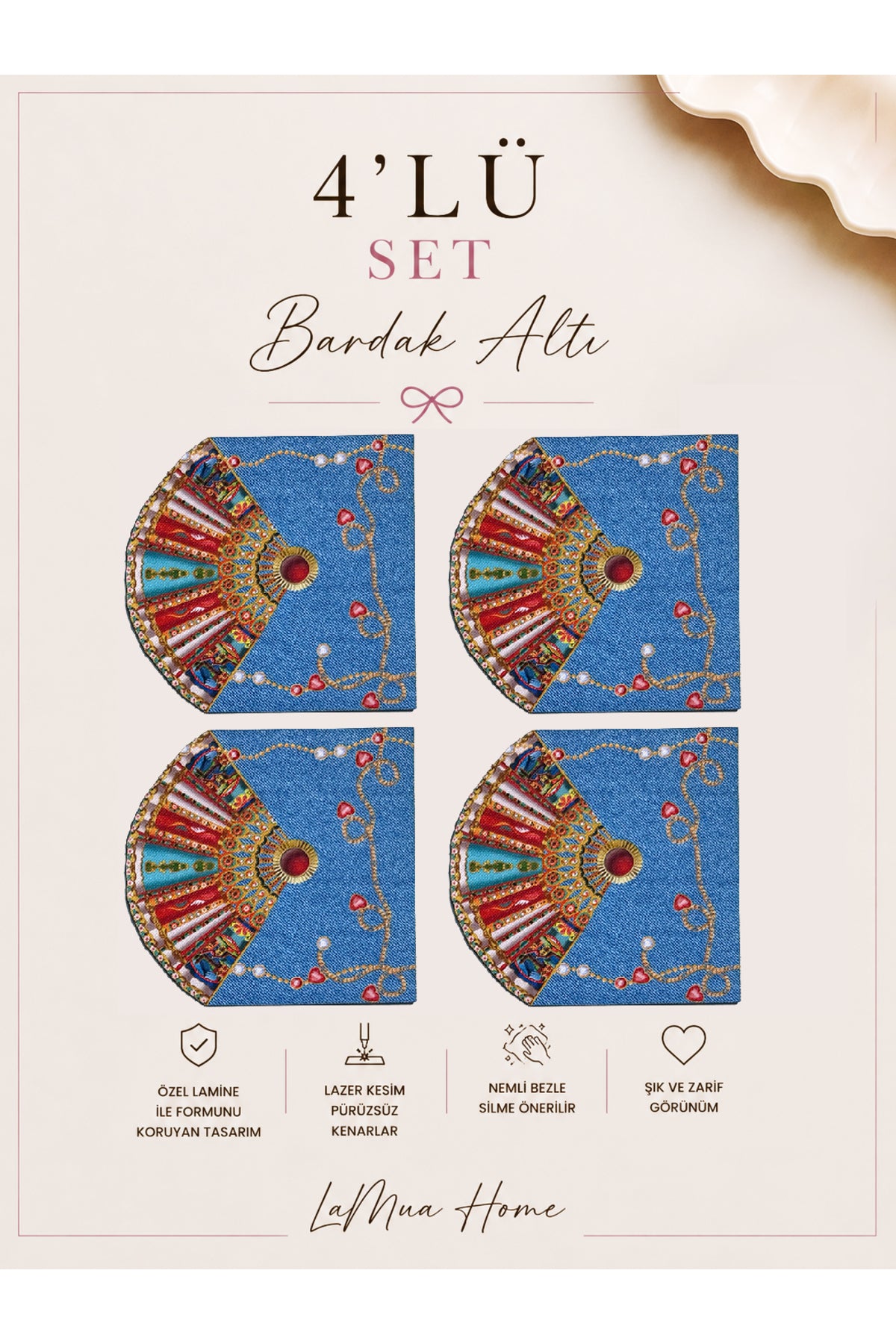 Azure Yelpaze Ve Mavi Kot Desenli 4 Lü Bardak Altlığı Set 15 x 15 cm -Lazer Kesim