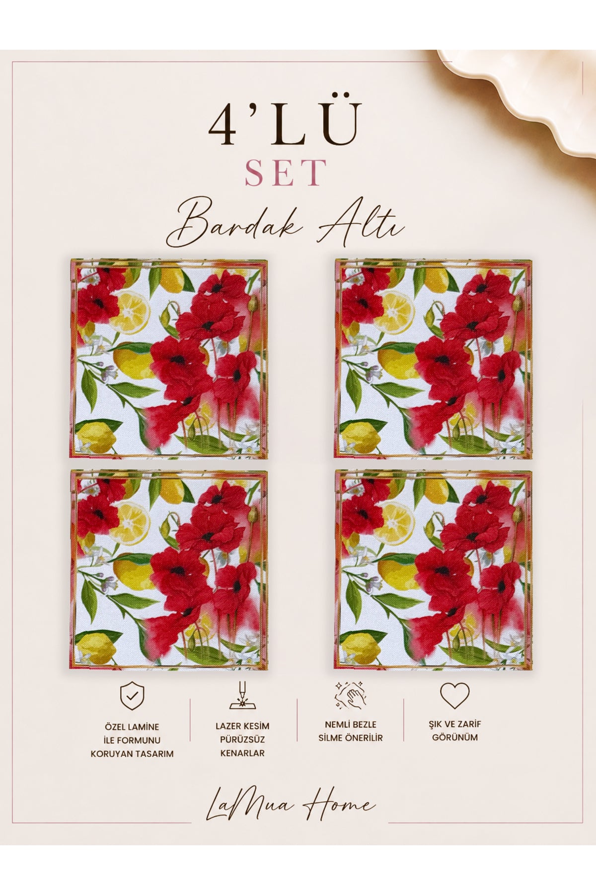 Lima Limon ve Gelincik Desenli 4 Lü Bardak Altlığı Set 15 x 15 cm -Lazer Kesim