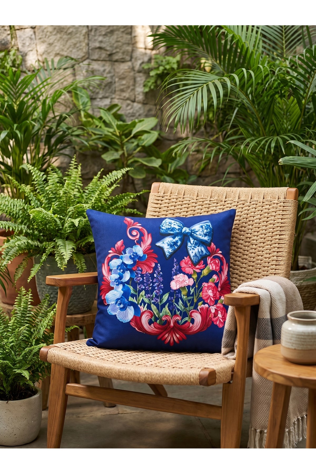 LaMua Fiyonk Ve Çiçek Desenli Dekoratif Kırlent Kılıfı 40x40 cm