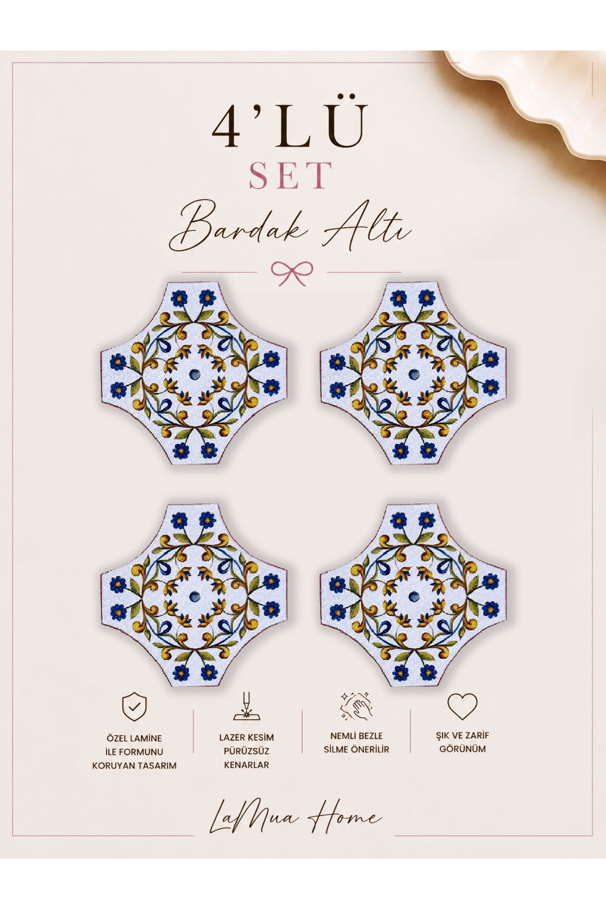 Marakeş Etnik Desenli 4 Lü Bardak Altlığı Set 15 x 15 cm -Lazer Kesim