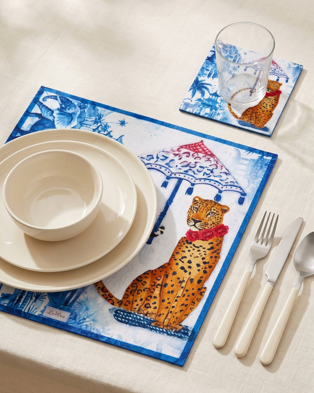 Safari Leopar Desenli 2’li Amerikan Servis ve 2’li Bardak Altlığı Seti