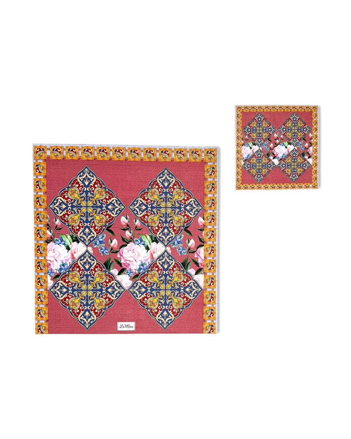 Safi Iznik Tile & Rose — Set of 2 Placemats + Coasters, Wipe-Clean