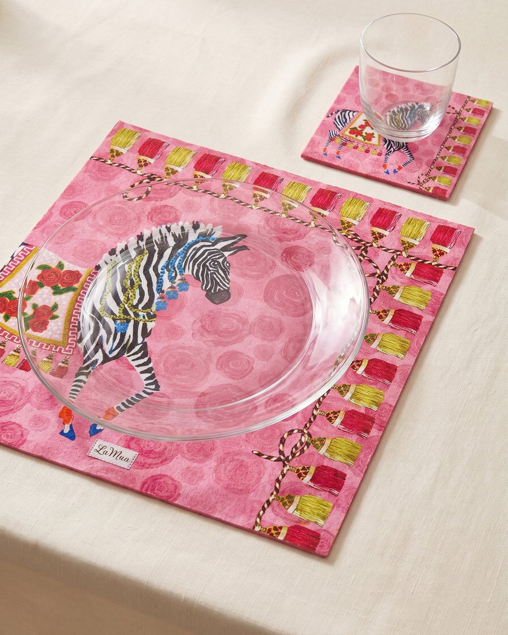 Pink Zebra Desenli 2’li Amerikan Servis ve 2’li Bardak Altlığı Seti
