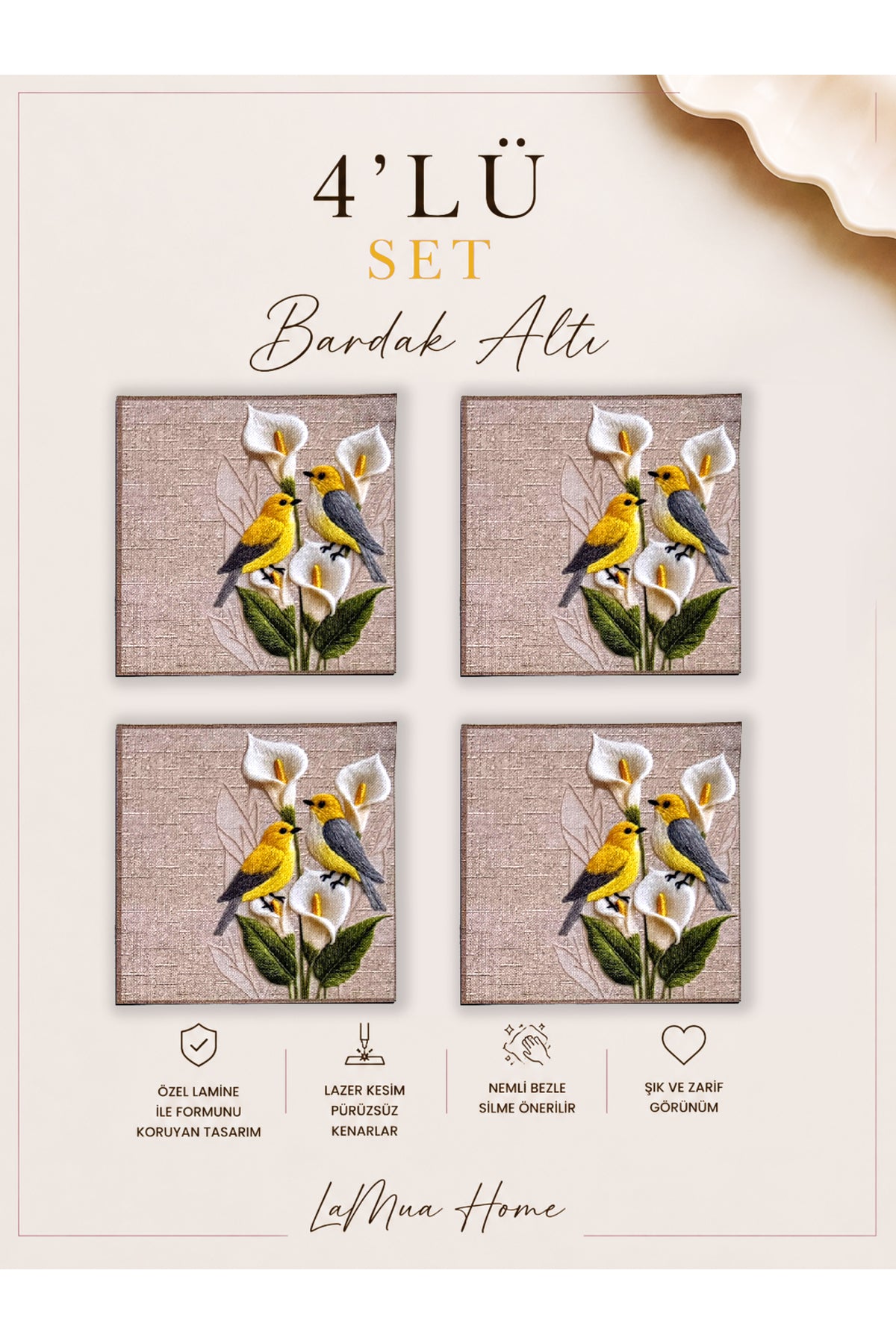 Lily Kuş ve Çiçek Desenli 4 Lü Bardak Altlığı Set 15 x 15 cm -Lazer Kesim