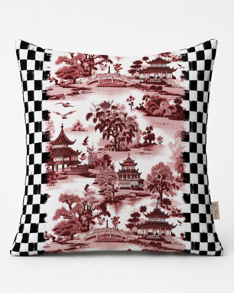 Vita Bordo Dama ve Japon Bahçesi — Kırlent Kılıfı 40x40 cm, Fermuarlı