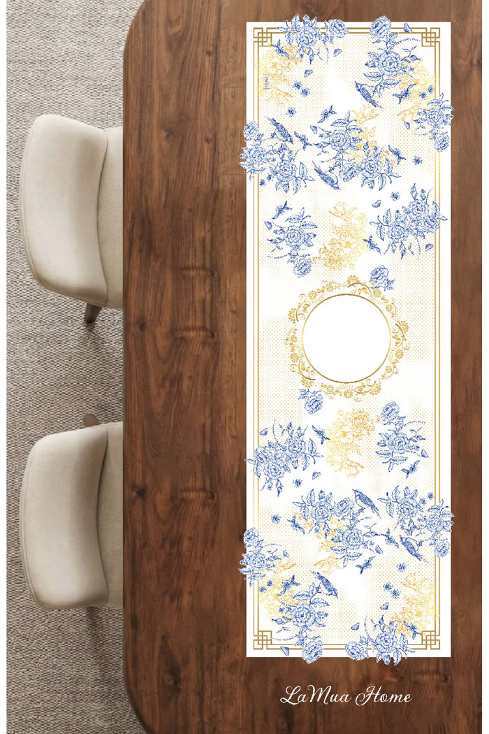 Royal Mavi Çiçek ve Kuş Sunum Seti — Runner + Supla + Bardak Altlığı + Kırlent