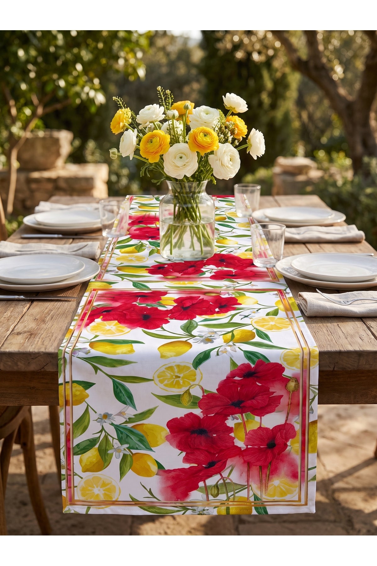 Lima Limon ve Gelincik Desenli Dekoratif Runner 40x140 cm