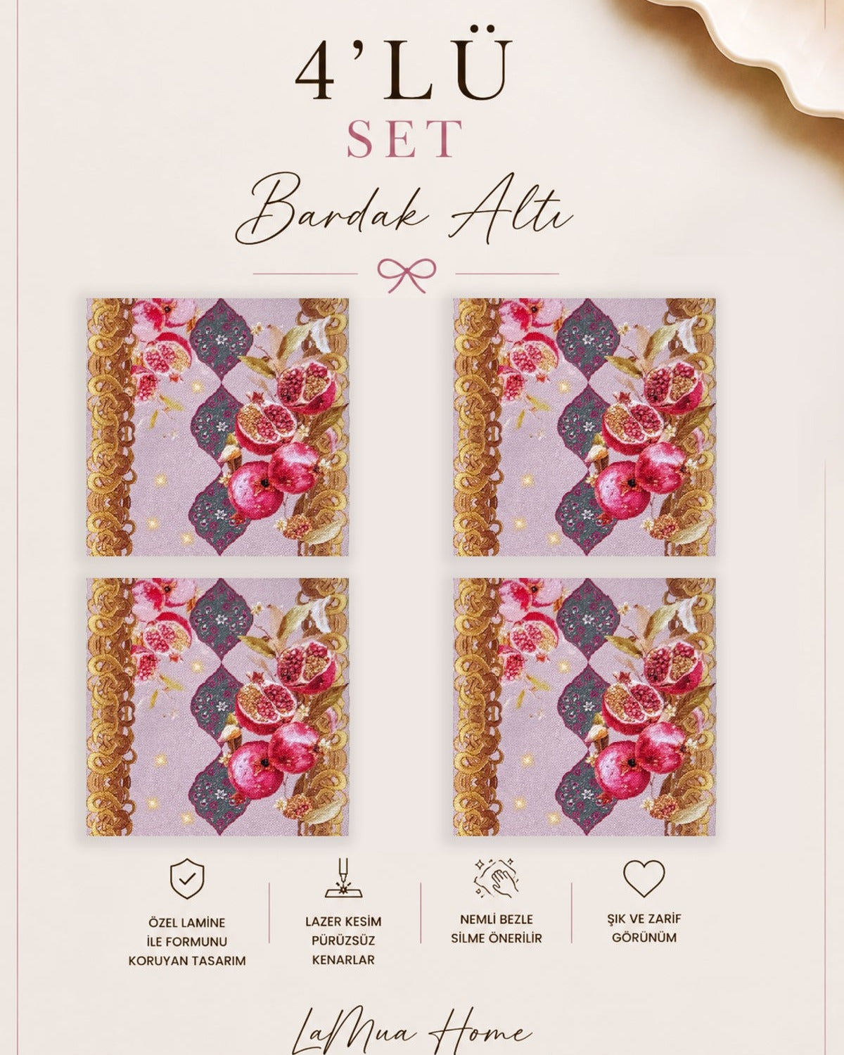 Mona Nar Ve Gold Bordür Desenli 4 Lü Bardak Altlığı Set 15 x 15 cm -Lazer Kesim