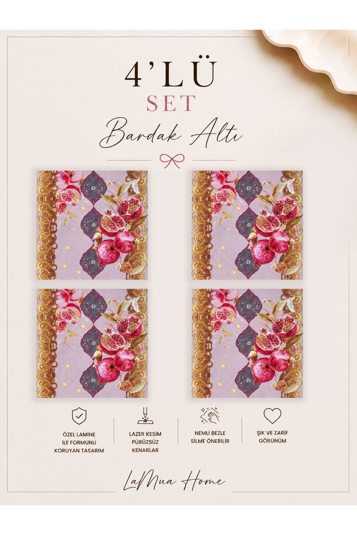 Mona Nar Ve Gold Bordür Desenli 4 Lü Bardak Altlığı Set 15 x 15 cm -Lazer Kesim