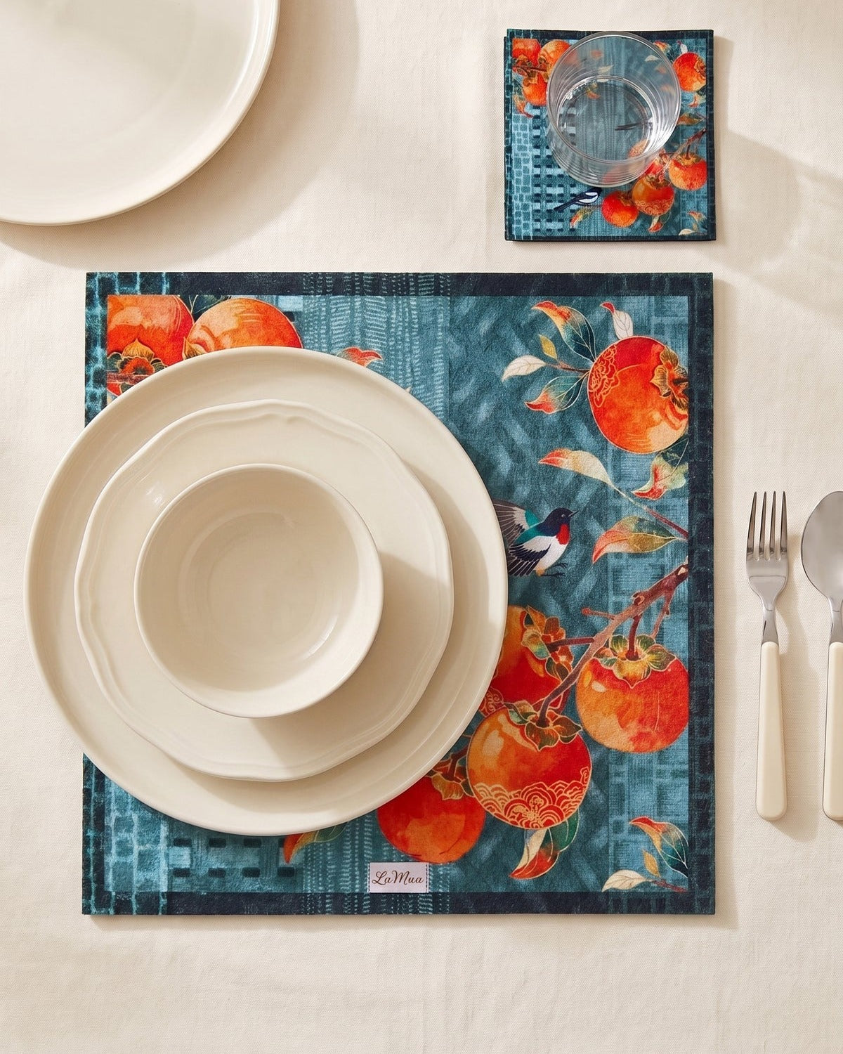 Zen Birds & Fruit — Set of 2 Placemats + Coasters, Wipe-Clean