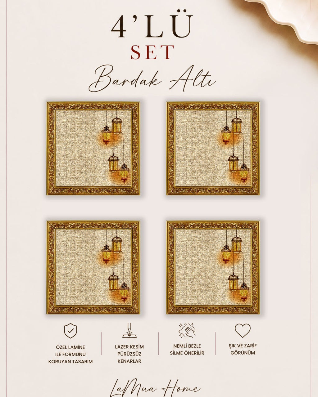 Noor Fener Desenli 4 Lü Bardak Altlığı Set 15 x 15 cm -Lazer Kesim