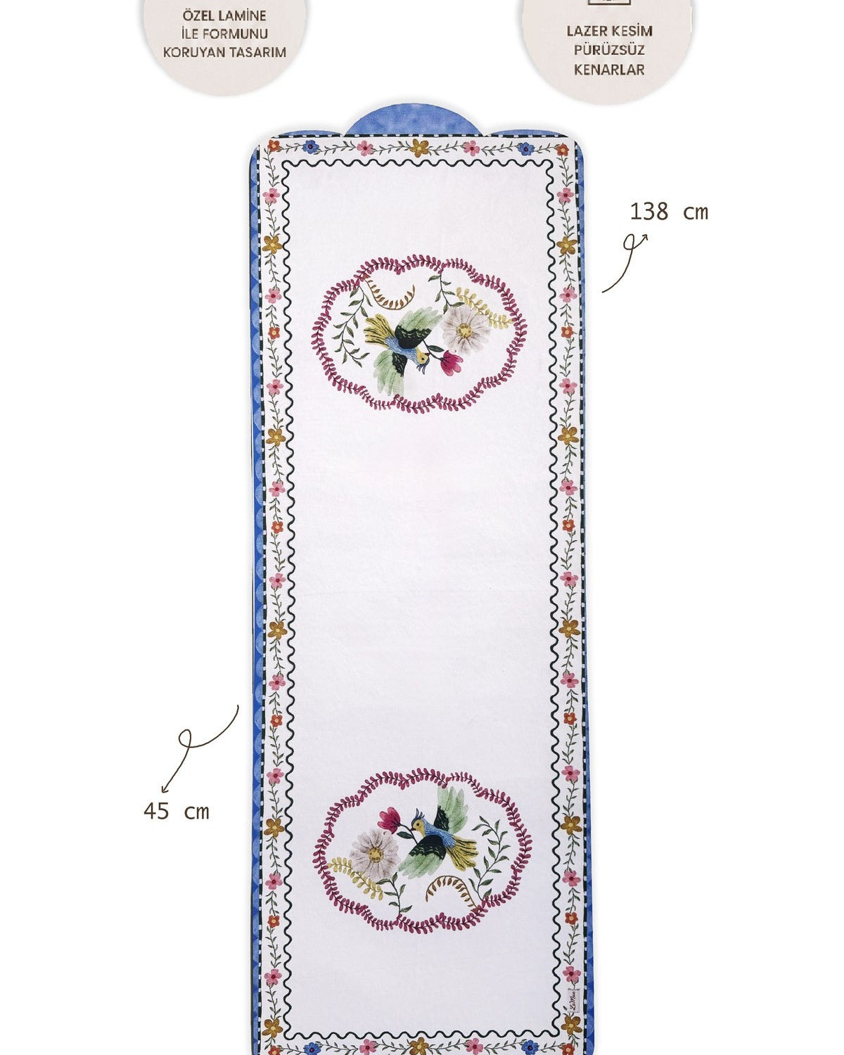 Lamineli Cut Runner, Lazer Kesim – Mila Kuş ve Çiçek Desenli