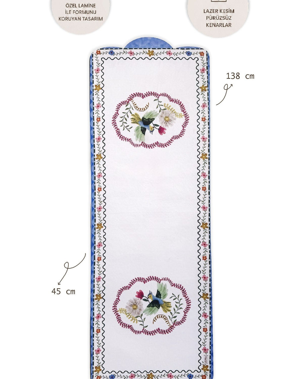 Lamineli Cut Runner, Lazer Kesim – Mila Kuş ve Çiçek Desenli