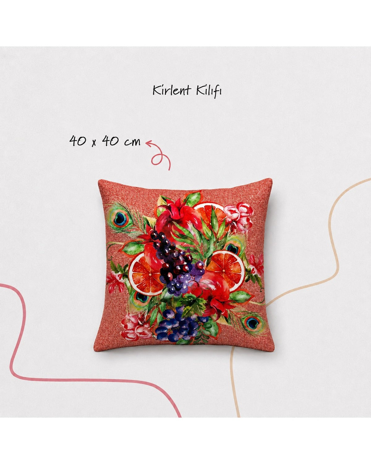 Kırlent Kılıfı 40x40 cm – Rio Tavus Kuşu ve Meyve Desenli