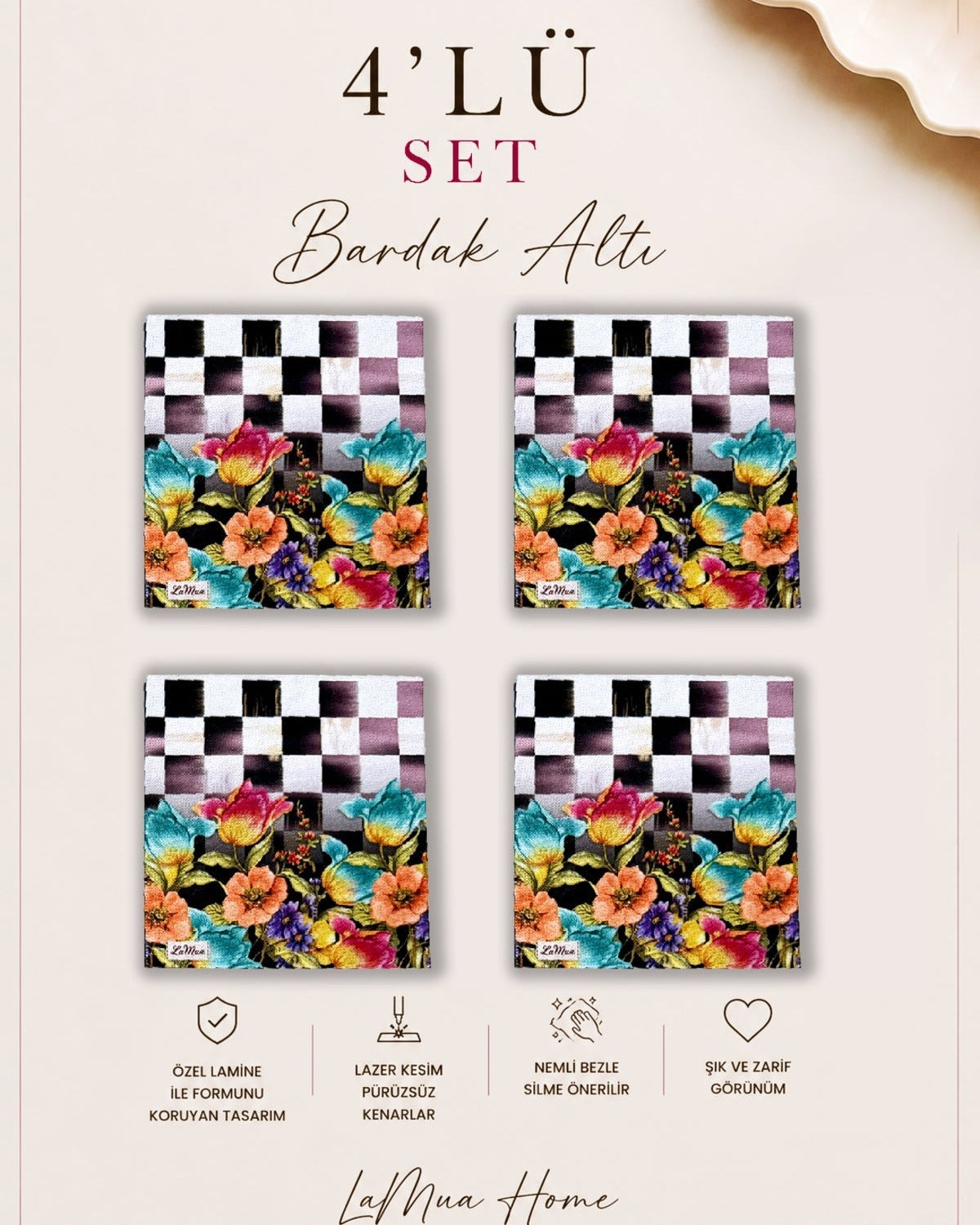Checkered 4'lü bardak altlığı seti