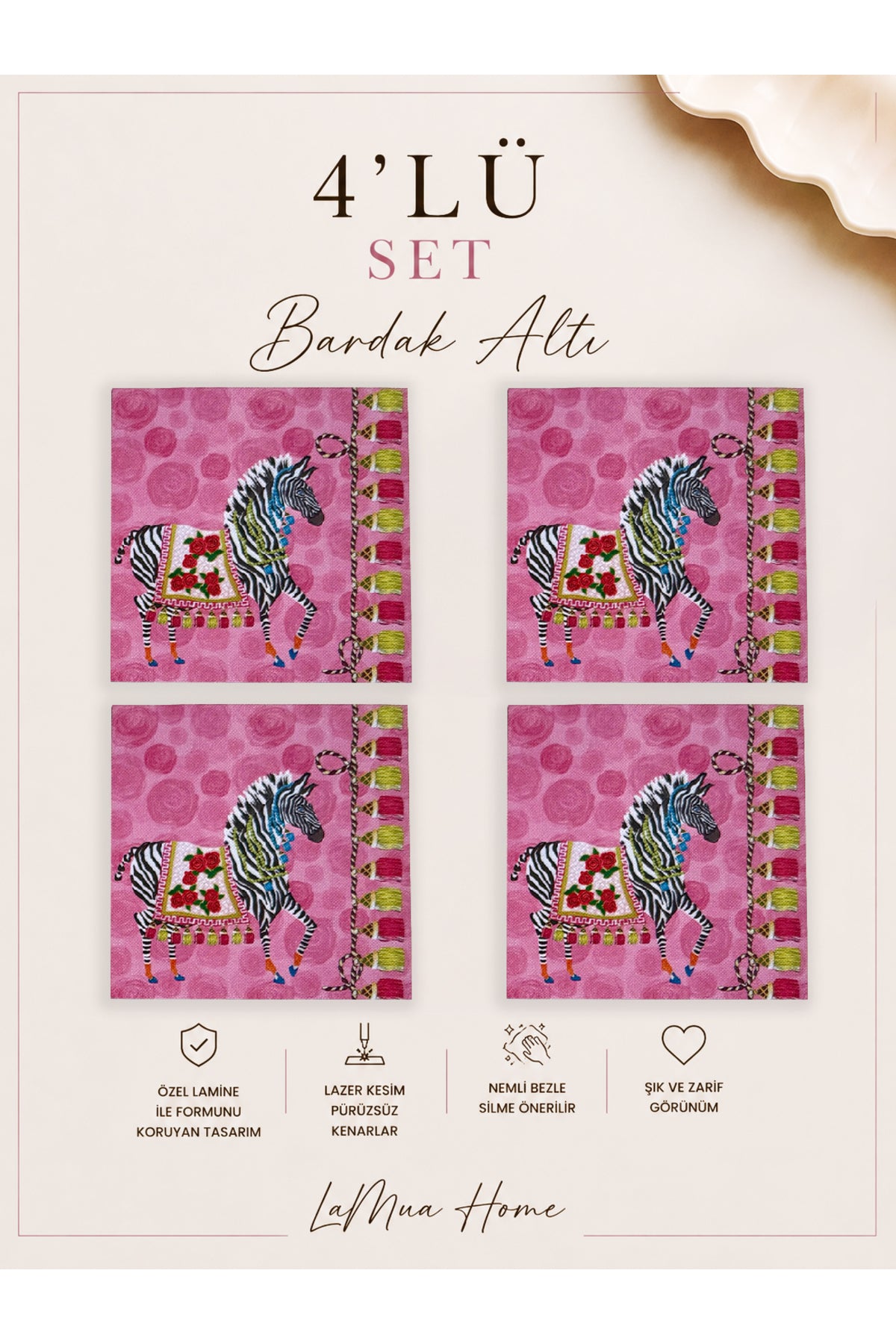 Pink Zebra Desenli 4 Lü Bardak Altlığı Set 15 x 15 cm -Lazer Kesim