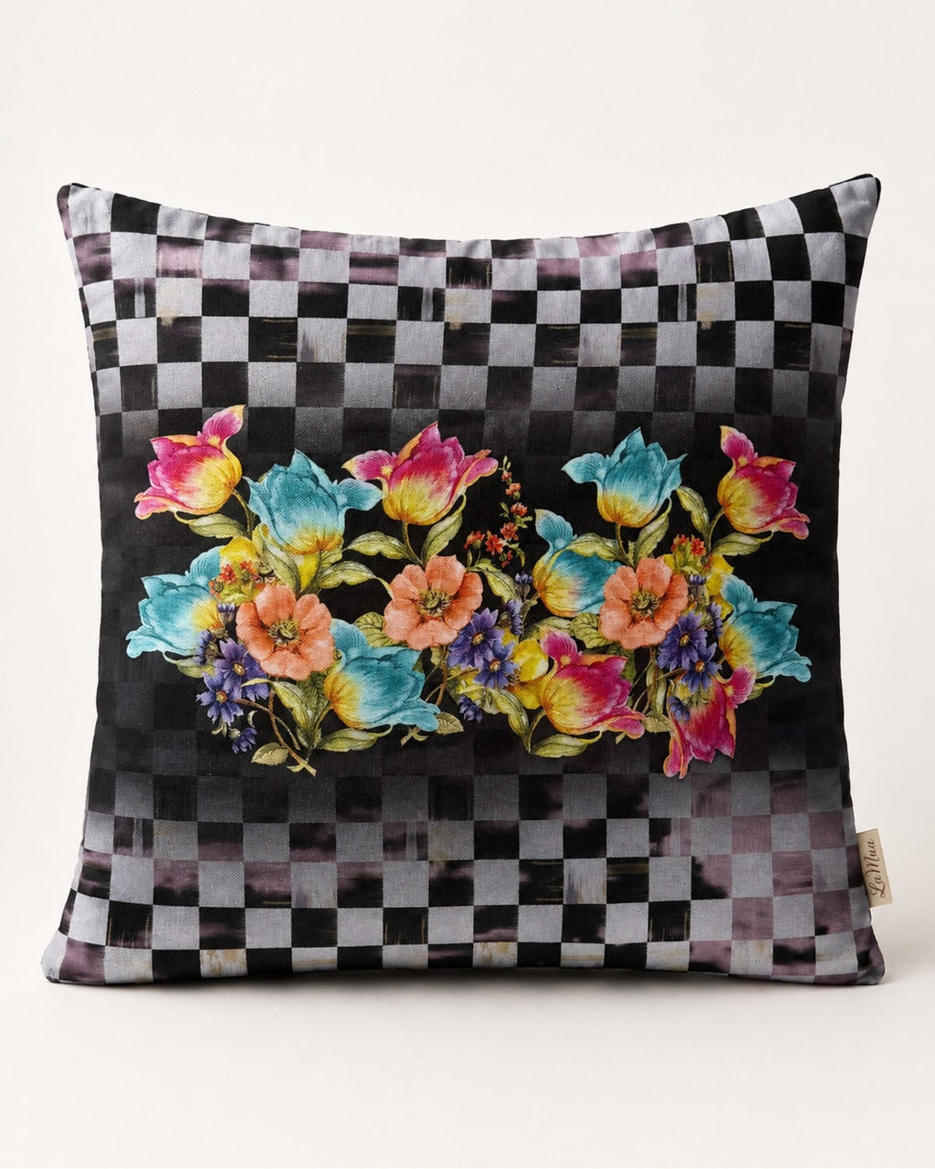 Kırlent Kılıfı 40x40 cm – Dama Kareli Çiçek Desenli