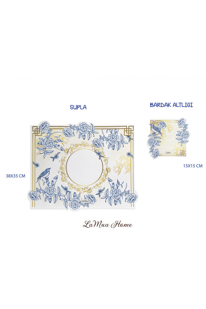Royal Blue Floral & Birds — Set of 2 Placemats + Coasters