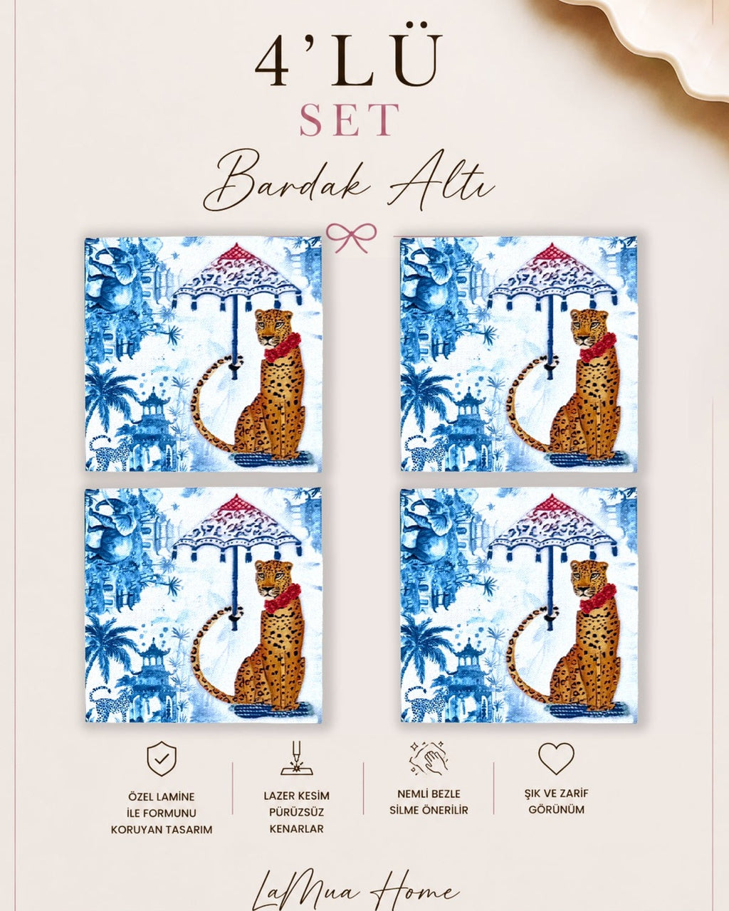 Safari Leopar Desenli 4 Lü Bardak Altlığı Set 15 x 15 cm -Lazer Kesim