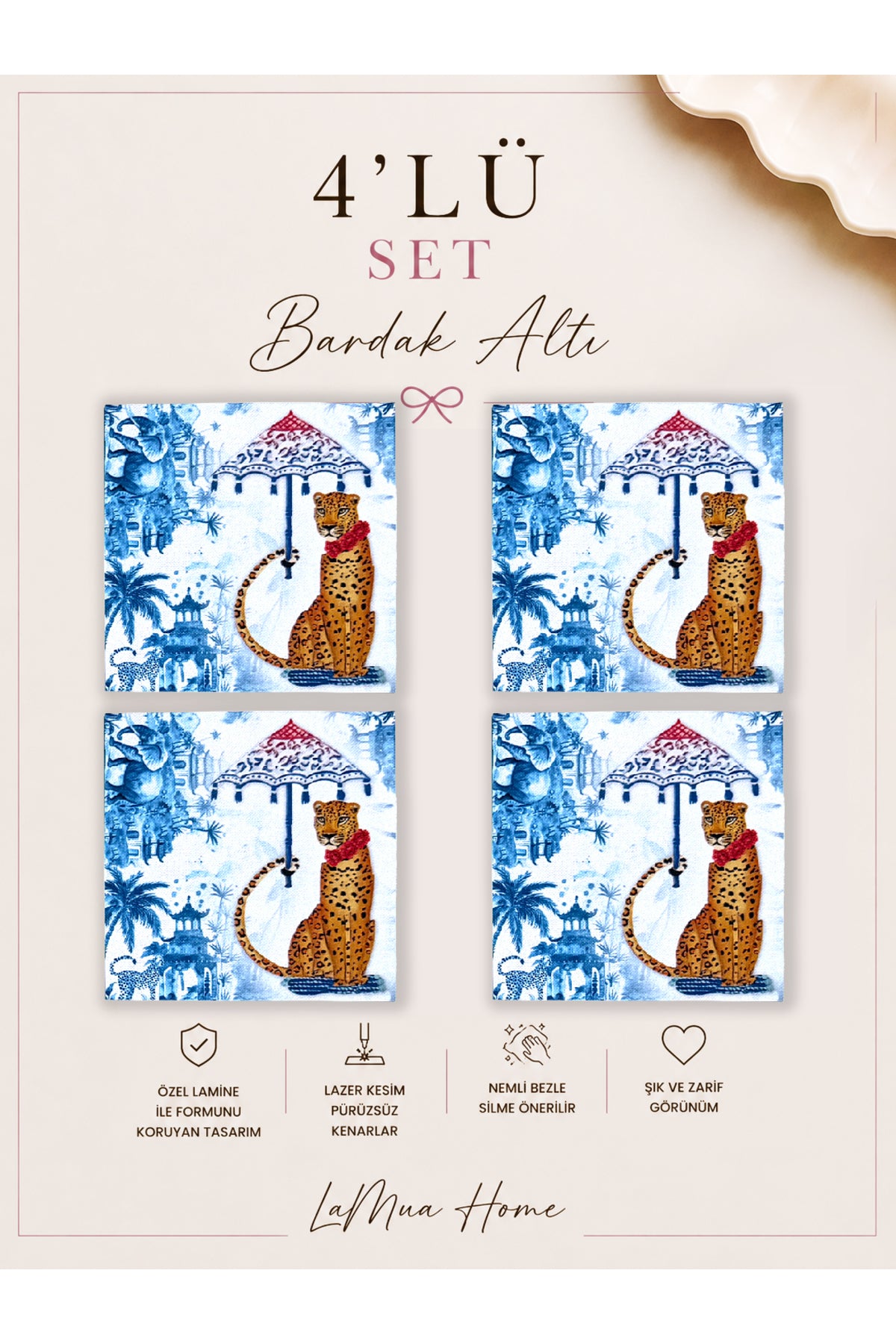 Safari Leopar Desenli 4 Lü Bardak Altlığı Set 15 x 15 cm -Lazer Kesim