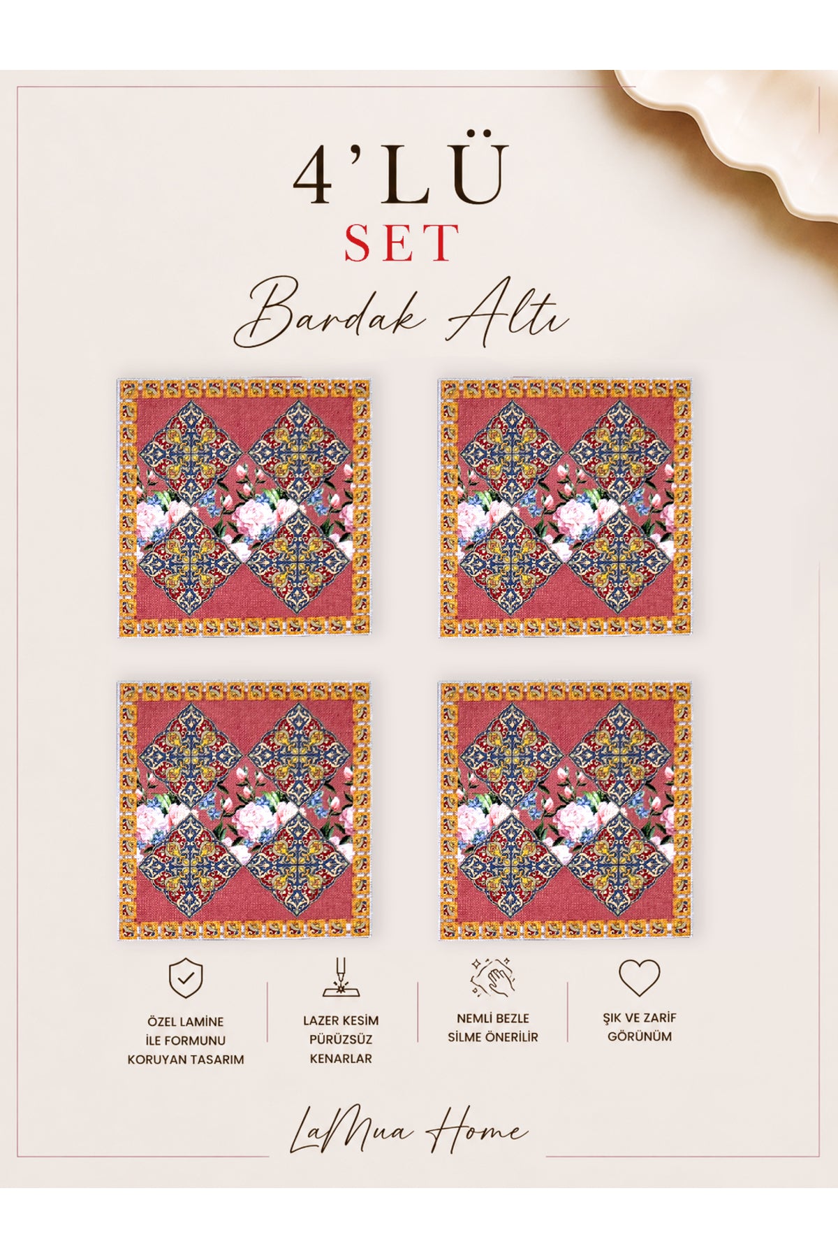 Safi Çini ve Gül Desenli 4 Lü Bardak Altlığı Set 15 x 15 cm -Lazer Kesim