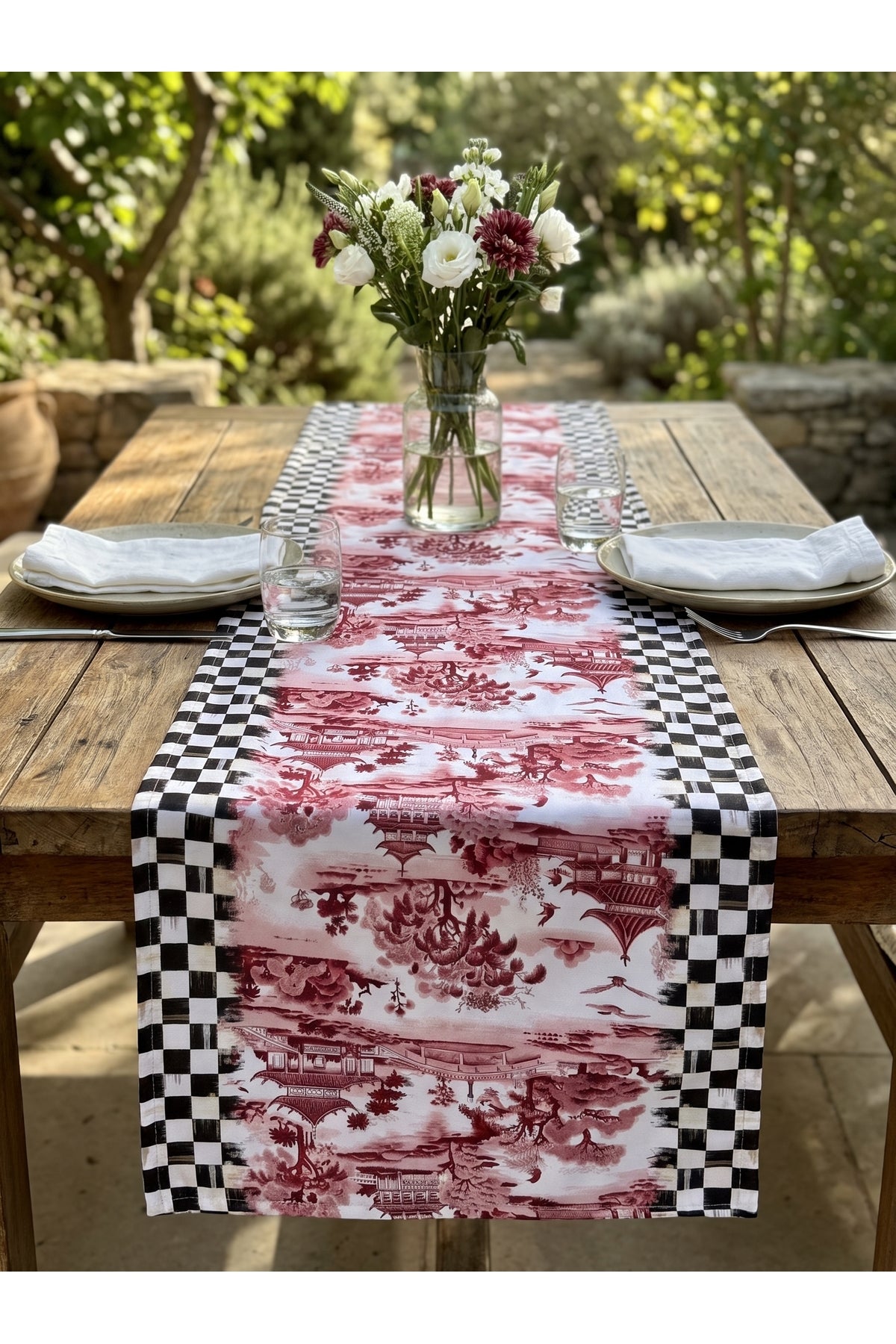 Vita Bordo Dama Ve Japon Bahçesi Desenli Dekoratif Runner 40x140 cm