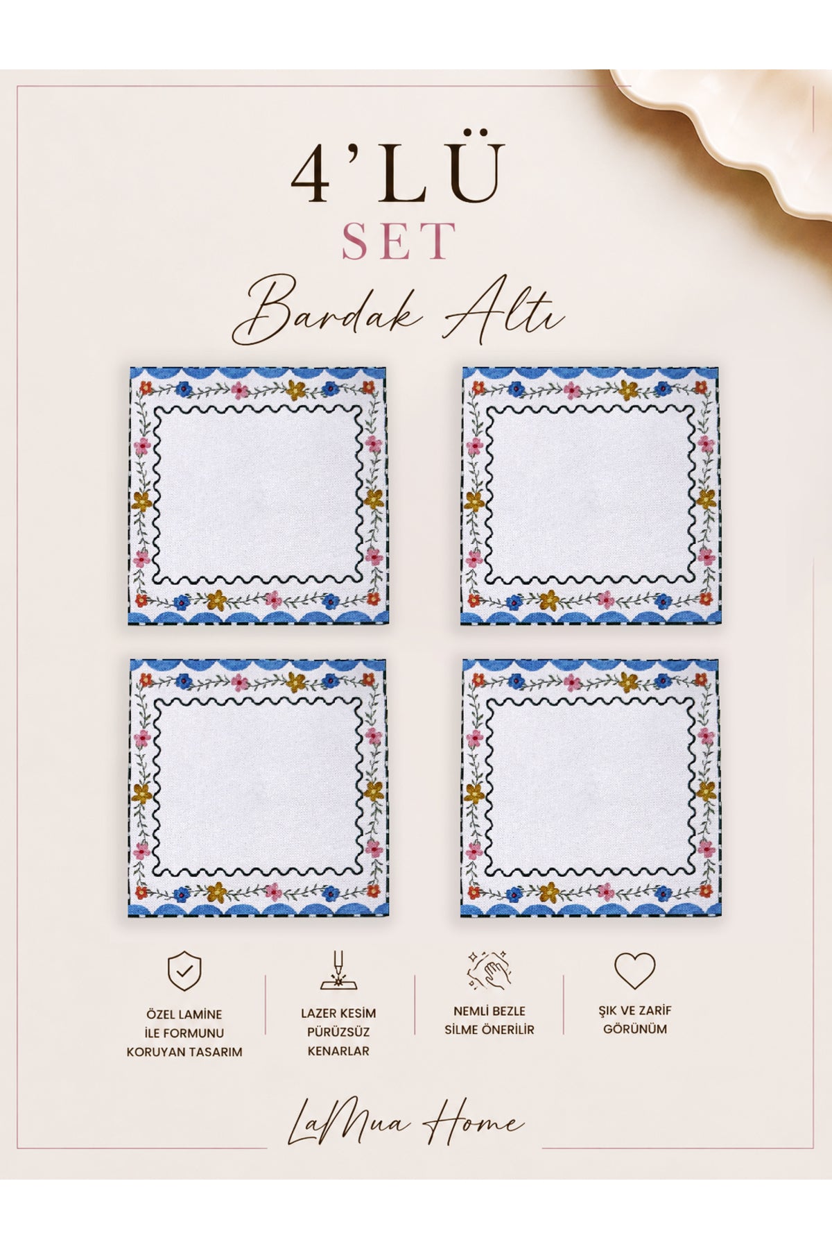 Mila Kuş ve Çiçek Desenli 4 Lü Bardak Altlığı Set 15 x 15 cm -Lazer Kesim