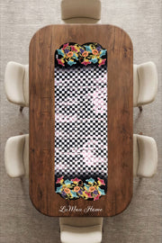 Lamineli Cut Runner, Lazer Kesim – Dama Kareli Çiçek Desenli