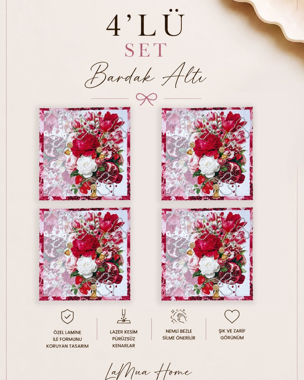 Ruby Çiçek Buketi Ve Nar Desenli 4 Lü Bardak Altlığı Set 15 x 15 cm -Lazer Kesim