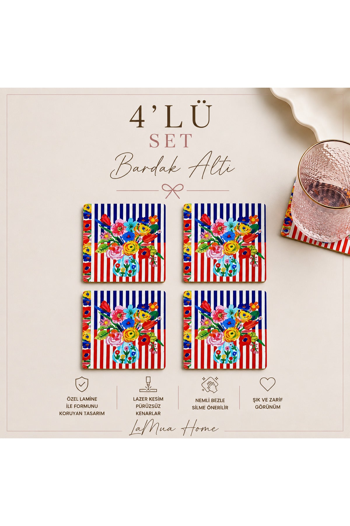 Viva Çizgili Çiçek Desenli 4 Lü Bardak Altlığı Set 15 x 15 cm -Lazer Kesim