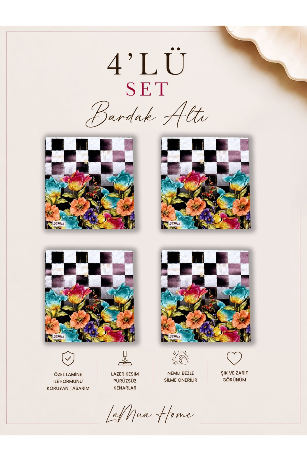 Dama Kareli Çiçek Desenli 4 Lü Bardak Altlığı Set 15 x 15 cm -Lazer Kesim