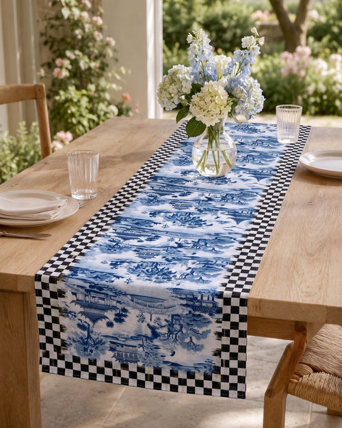 Blue Toile Mavi Desenli Dekoratif Runner 40x140 cm