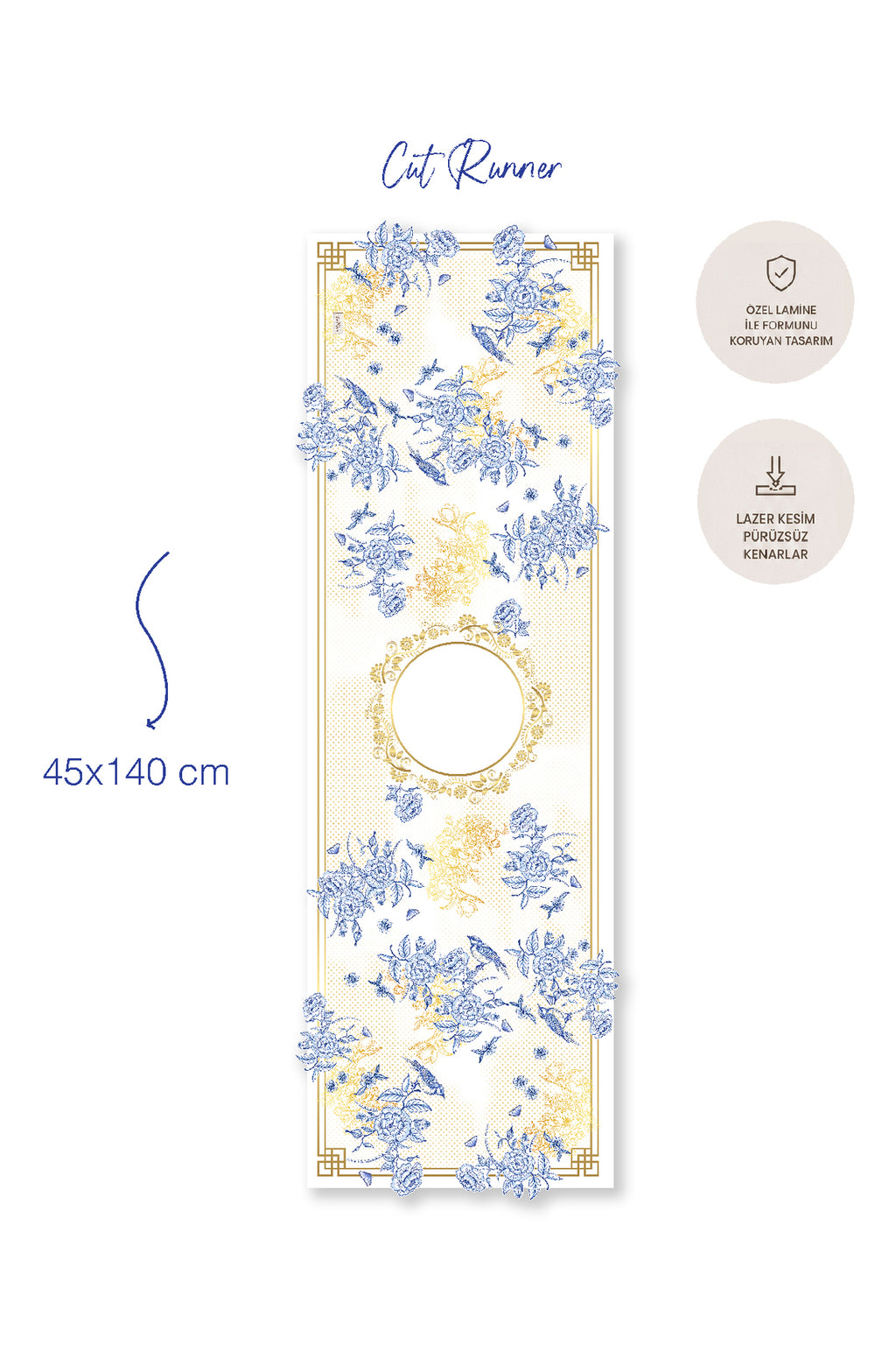 Royal Mavi Çiçek ve Kuş — Lamineli Cut Runner 45x138 cm — görsel 2