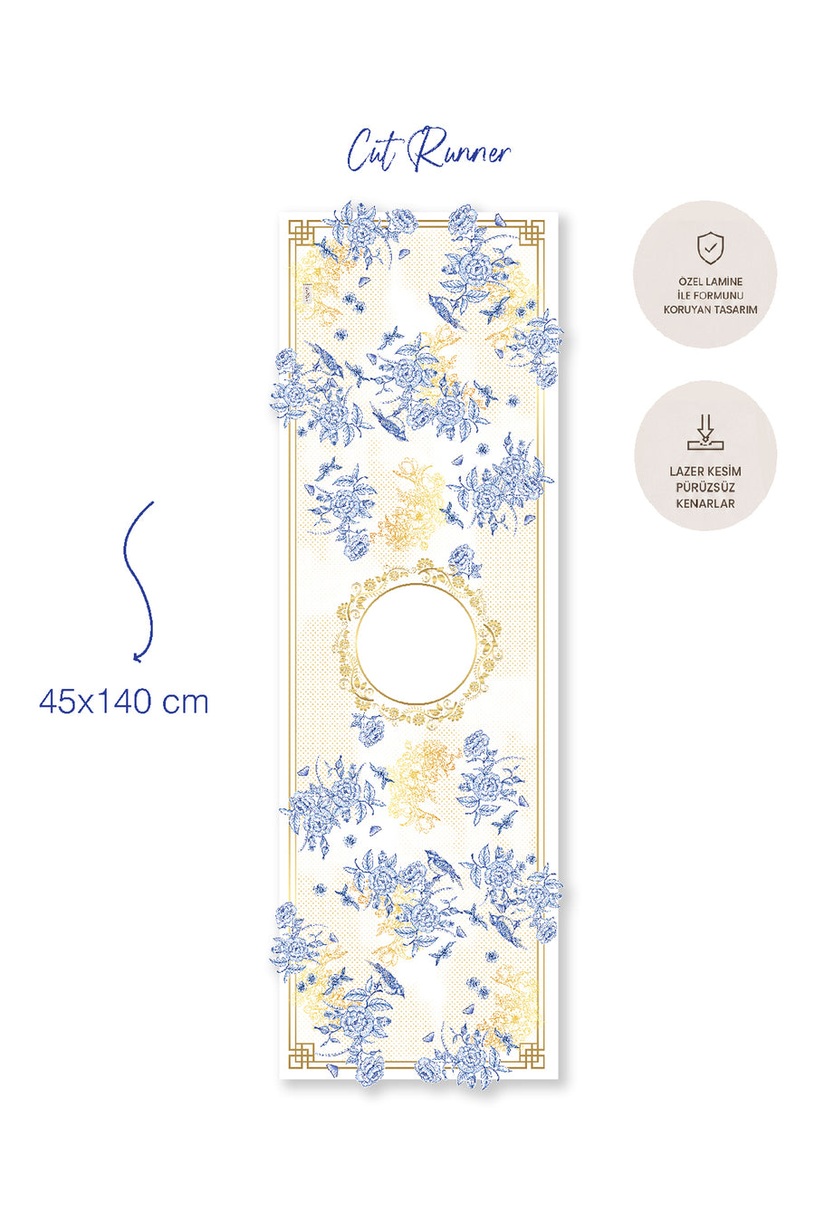 Royal Mavi Çiçek ve Kuş — Lamineli Cut Runner 45x138 cm, Leke Tutmaz