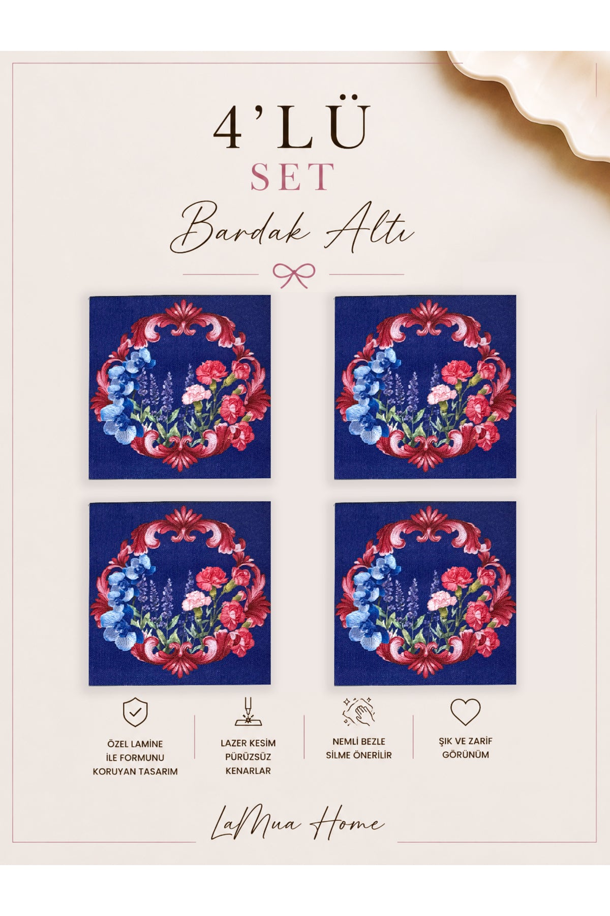 LaMua Fiyonk Ve Çiçek Desenli 4 Lü Bardak Altlığı Set 15 x 15 cm -Lazer Kesim
