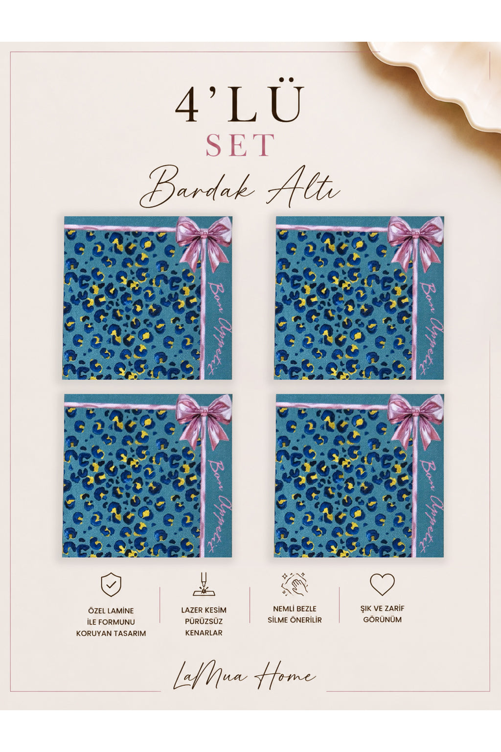 Bella Leopar ve Fiyonk Desenli 4 Lü Bardak Altlığı Set 15 x 15 cm -Lazer Kesim
