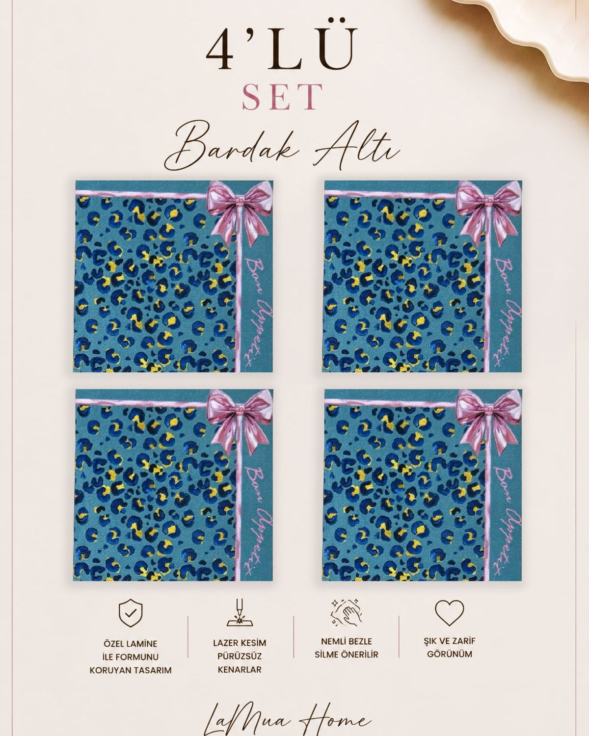 Bella Leopard & Schleife — Untersetzer 15x15 cm, Laserschnitt